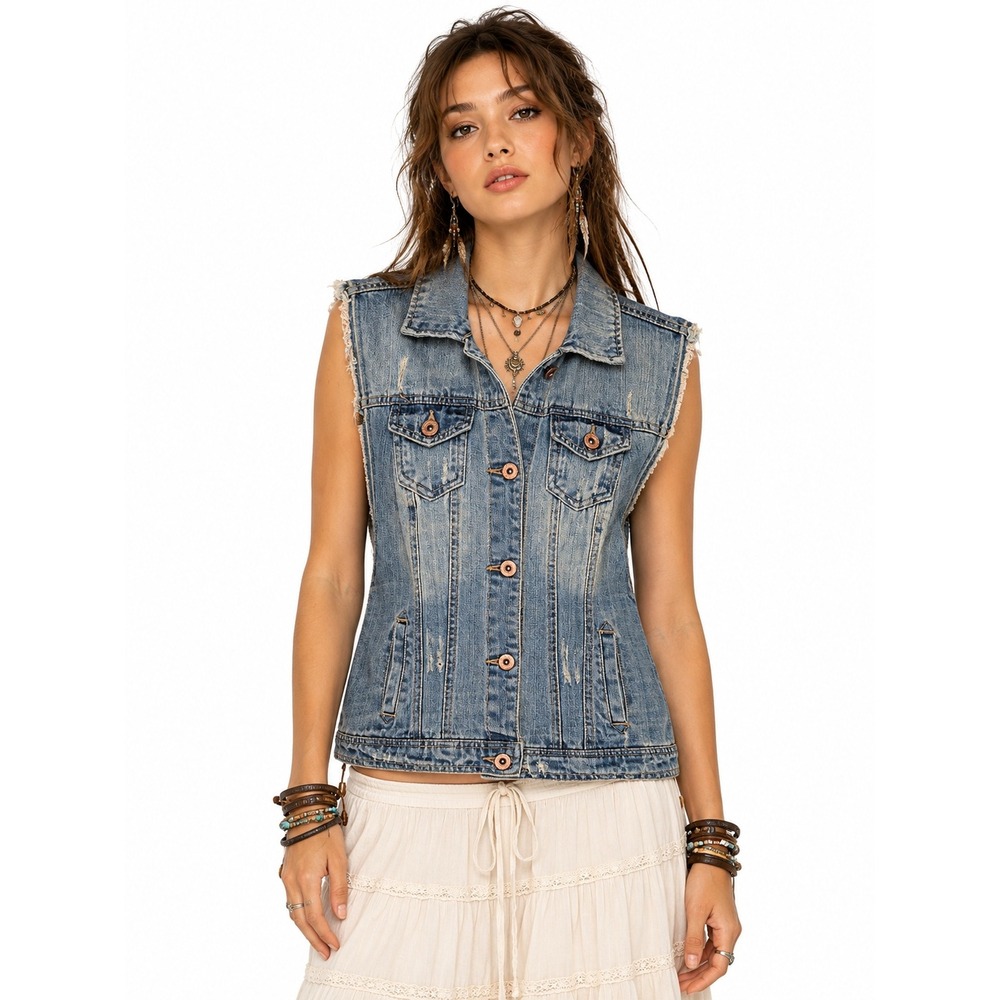 Highway Jeans Denim Vest Women S Blue Distressed Boho 90s Y2K Cowgirl Festival
